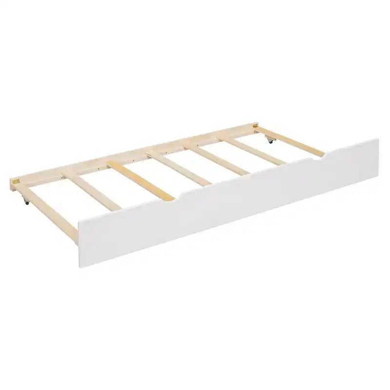 Whisen Twin over Twin House Bunk Bed with Trundle and Slide, Storage Staircase, Roof and Window Design