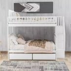 Full over Full Bunk Bed with Drawers and Storage Staircase