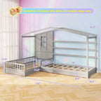 L-Shaped Double Twin Beds House Platform Beds with Window & Fences ¡ª Gray/White