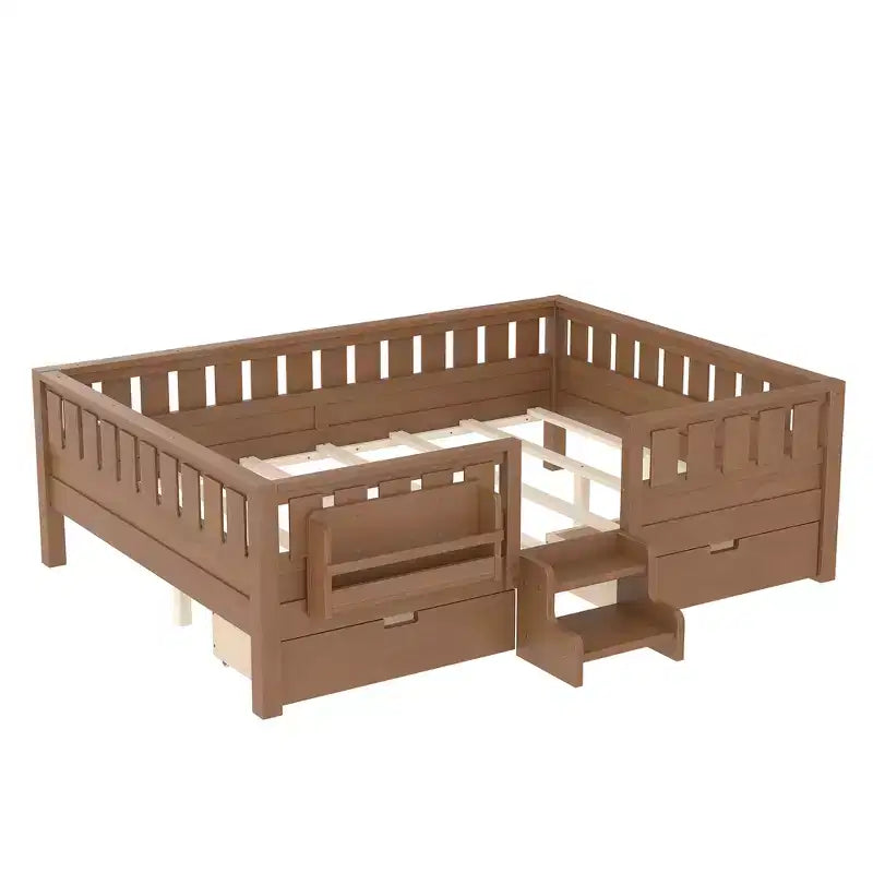 Bellemave Queen Size Toddler Bed with 14 Safety Guardrails, Space-saving Bed Frame with Built-in Bookshelves & 2 Under-Bed Storage Drawers