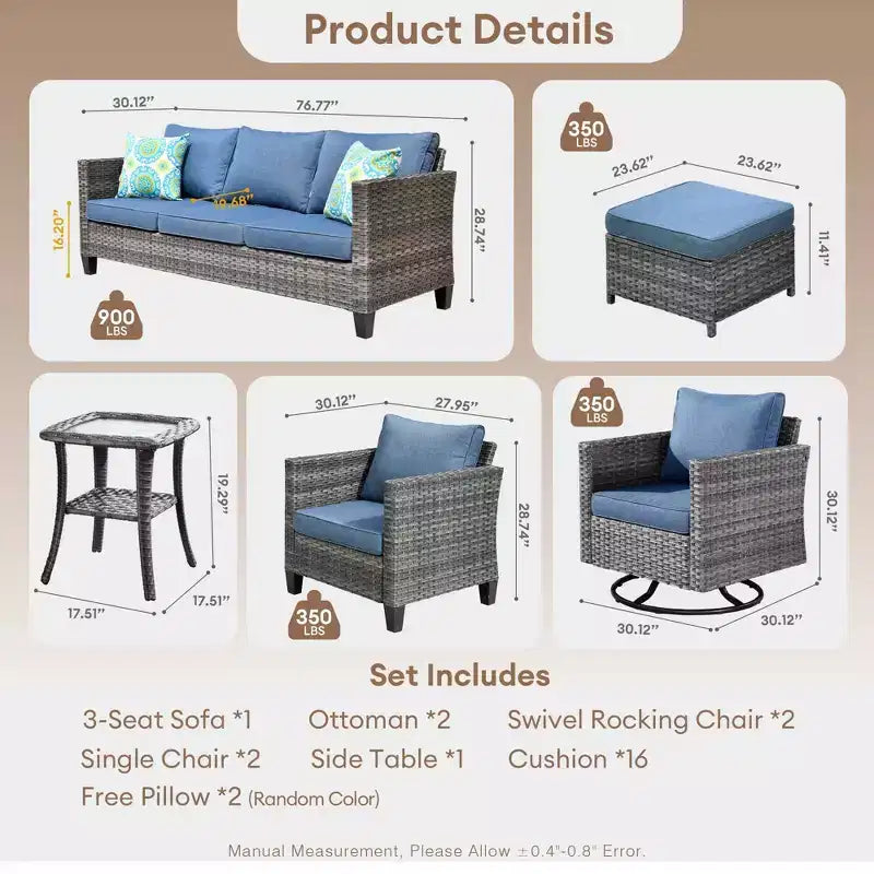 Ovios Tampa 8pc Wicker Outdoor Patio Furniture Conversation Sofa Set with Swivel Chairs and Cushions
