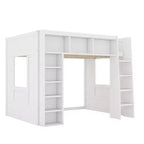 Whisen Queen Size Wooden Loft Bed Frame with Storage Cabinets and Shelves