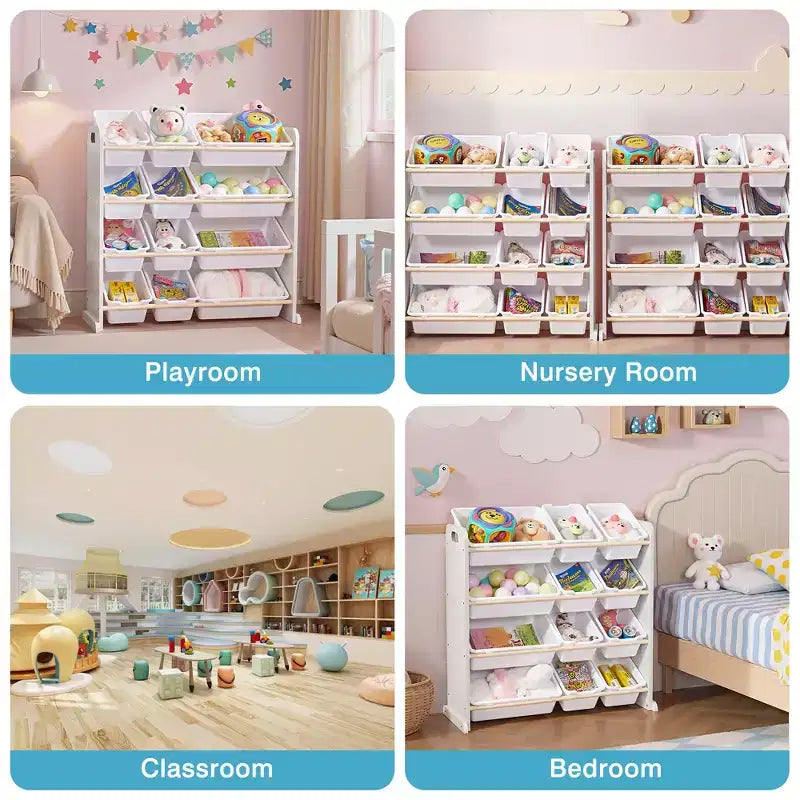VECELO Kids Bookshelf Toy Storage with 12 Bins, Wooden Toy Rack for Toddlers, Large-Capacity Playroom Storage for Books or Toys