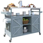 Okak Outdoor Kitchen Island with Stainless Steel Top, Wooden Kitchen Cart with Doors, Shelves and Spice Rack, Rolling Kitchen Island