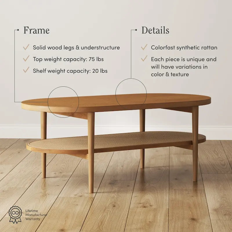 Nathan James Sonia Bohemian 2-Tier Oval Cane Coffee Table in Light Wood With Rattan Storage Shelf