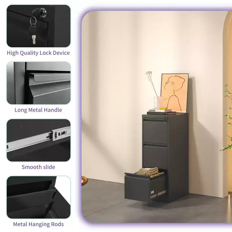VIYET 52H 3-Drawer Metal Vertical File Cabinet with Lock,Steel Filing Cabinet for Home Office,Fits A4/Legal/Letter