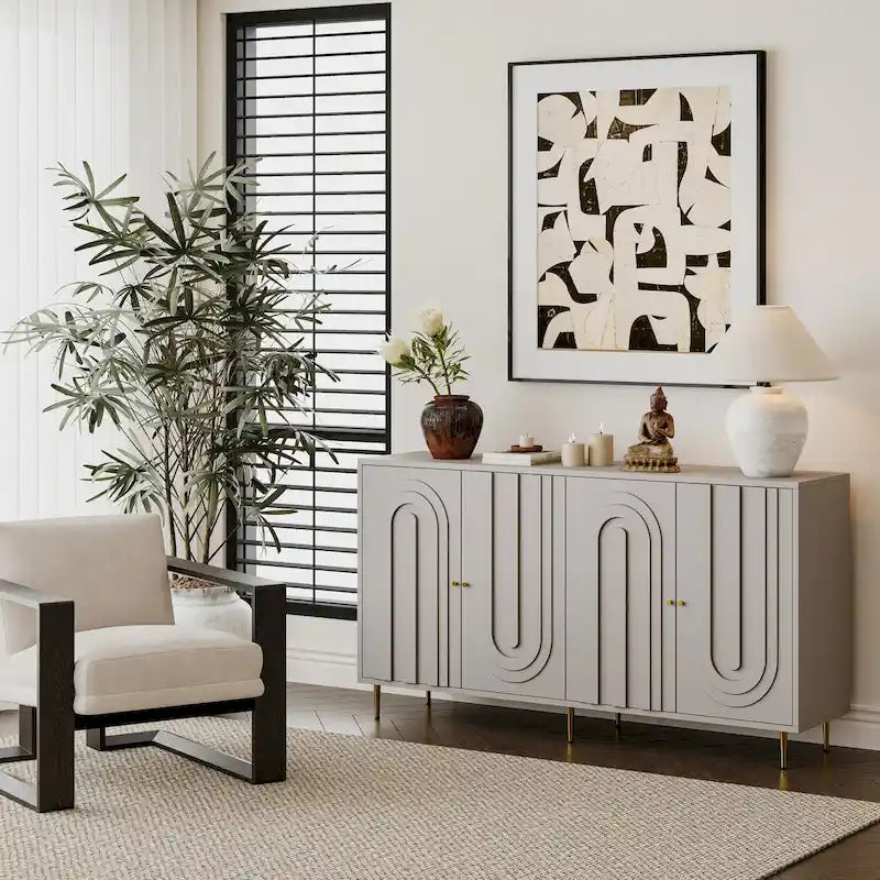 60-in Modern Blue/ Grey Lacquered 4 Door Wooden Sideboard Buffet Server Accent Storage Cabinet
