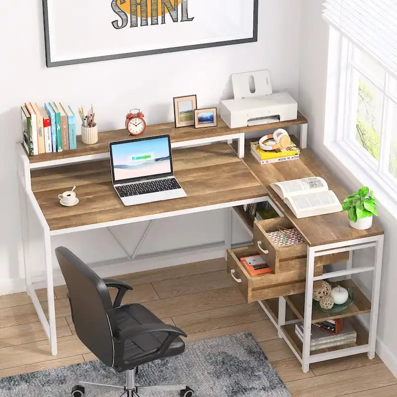 L Shaped Desk with Drawer, Home Office Corner Desk with Storage Shelves and Monitor Stand, Rustic PC Desk for Small Space