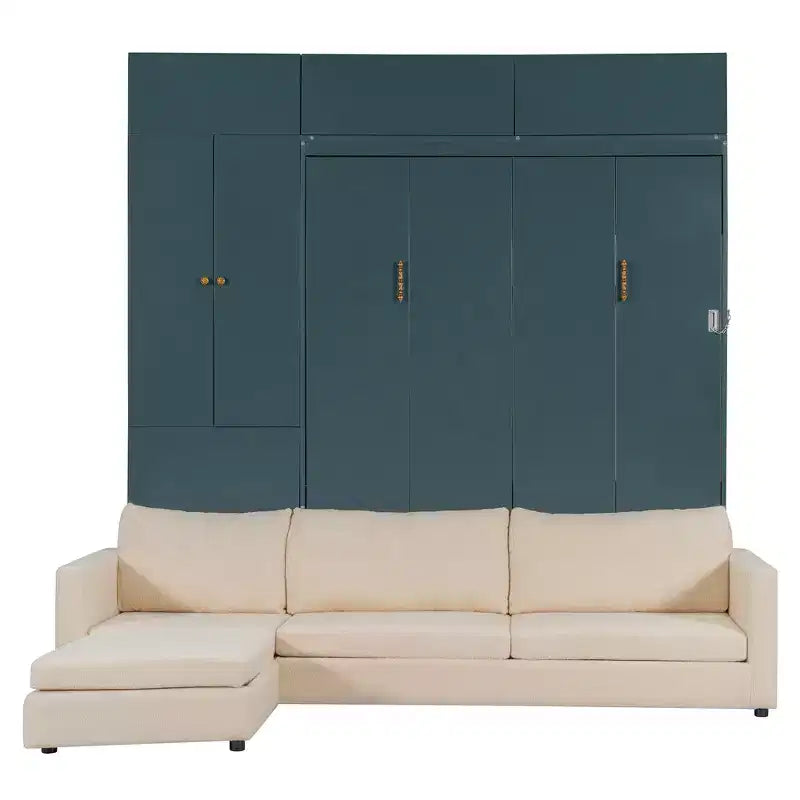 Queen Size Murphy Bed with Sofa and Cabinet, Wooden Queen Cabinet Bed Wall Bed with Shelves, Folding Wall Chest Bed for Guest Room Office