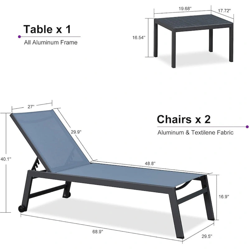 PURPLE LEAF Patio Chaise Lounge Set for 2 Outdoor Chaise Lounger Chair with Aluminum Frame