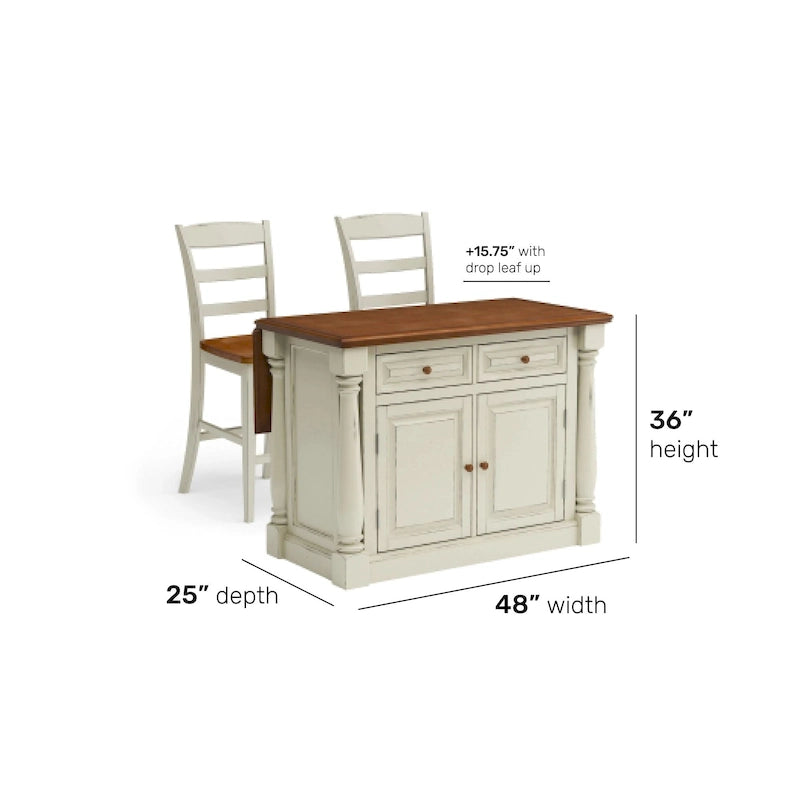 Homestyles Monarch 3-Piece Off-White Wood Kitchen Island Set with Drop Leaf Wood Top - 48 x 25 x 36