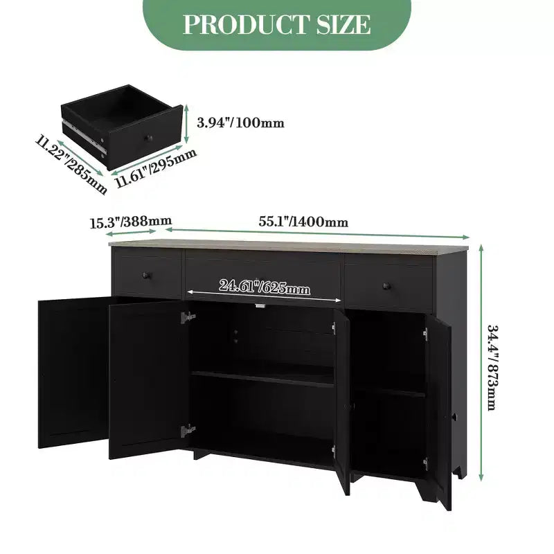 55 Sideboard Buffet Cabinet with 3 Drawers & 4 Doors, Adjustable Shelf Kitchen Storage Console for Dining Room Living Room