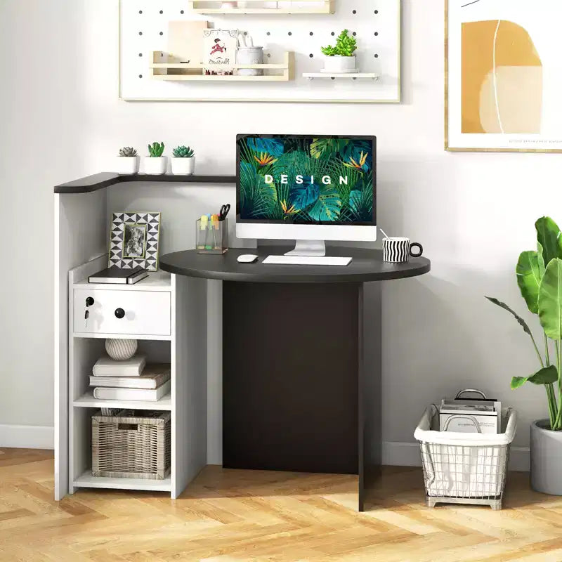 Costway Front Reception Counter Desk Checkout Office Desk with Open Shelf & Lockable Drawer White/Brown/Black