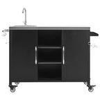 55.5 Outdoor Kitchen Island with Sink, Stainless Steel Prep Table with Spice Rack & Lockable Wheels, BBQ Grill Cart Station, Black - ModernLuxe