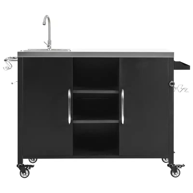 55.5 Outdoor Kitchen Island with Sink, Stainless Steel Prep Table with Spice Rack & Lockable Wheels, BBQ Grill Cart Station, Black - ModernLuxe
