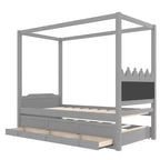 Twin/Full Size Platform Bed with Trundle, Princess Wood Canopy Bed with 3 Drawers, Storage Bed with Upholstered Headboard for Bedroom