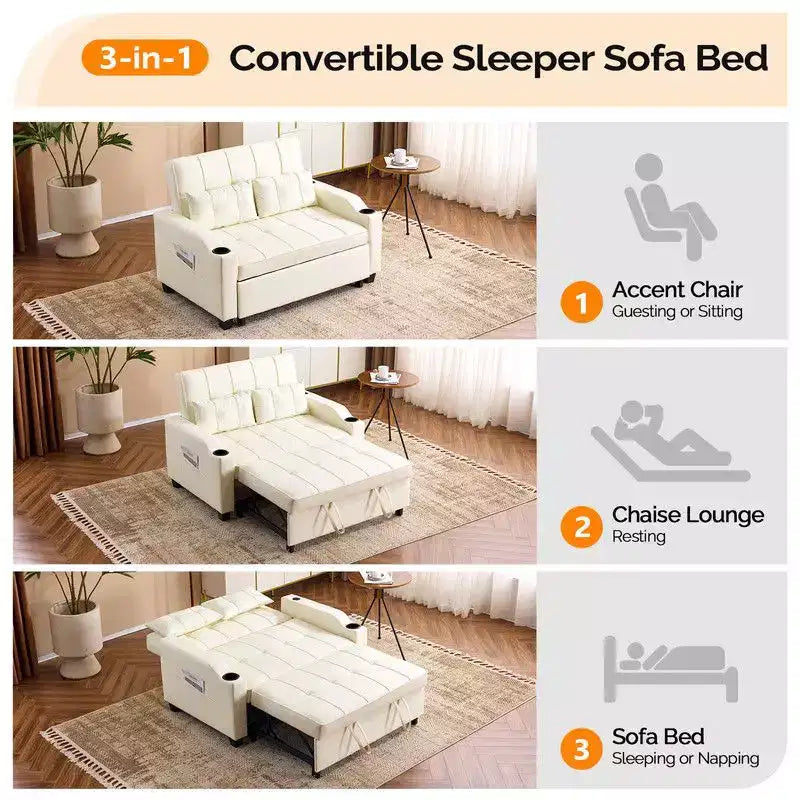 Upholstered Cats Claw Leather Convertible Reclining Sleeper Sofa Bed With Cushions For Small Spaces