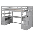Twin Size Loft Bed with Desk and Shelves, Two Built-in Drawers, Storage Staircase
