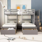Whisen Full Over Twin & Twin Bunk Bed, Wood Triple Bunk Bed with Drawers and Guardrails