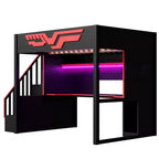 Whisen Full Size Gaming Loft Bed Frame with Desk and Storage Staircase - Red & Black