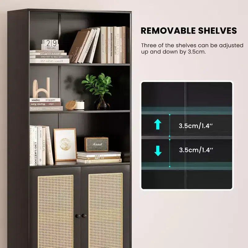 TUYOHW Tall Bookcase with Rattan Doors,5-Shelf Freestanding Storage Cabinet,Bookshelf for Living Room,Bedroom,Home Office