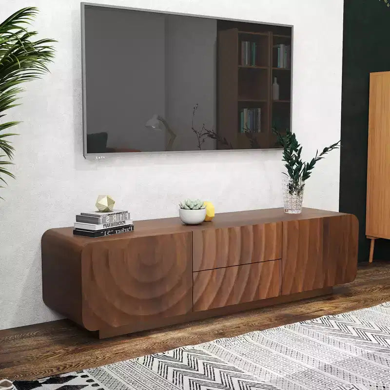 JVNOXK 58-inch TV Stand, Mid-Century Spiral Wave Design, with Storage Cabinet and Two Drawers, Suitable for Living Room or Bedroom, Walnut