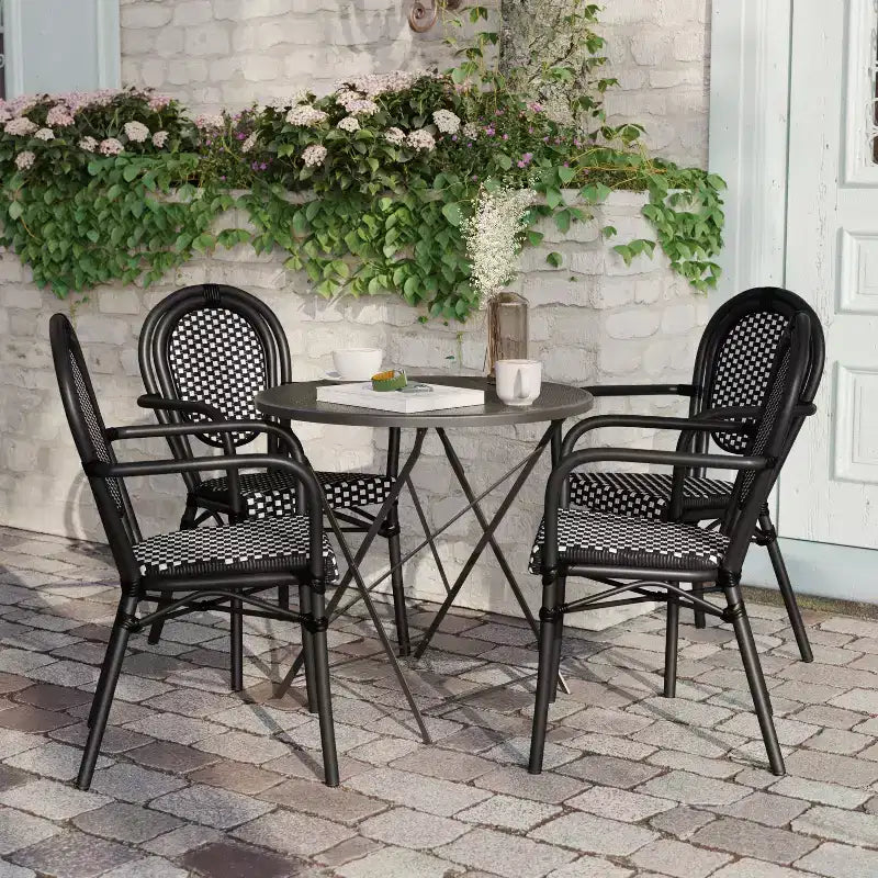 Flash Furniture 4 Pack Lourdes Indoor/Outdoor Commercial Thonet Bistro Stacking Chair with Arms, PE Rattan and Aluminum Frame