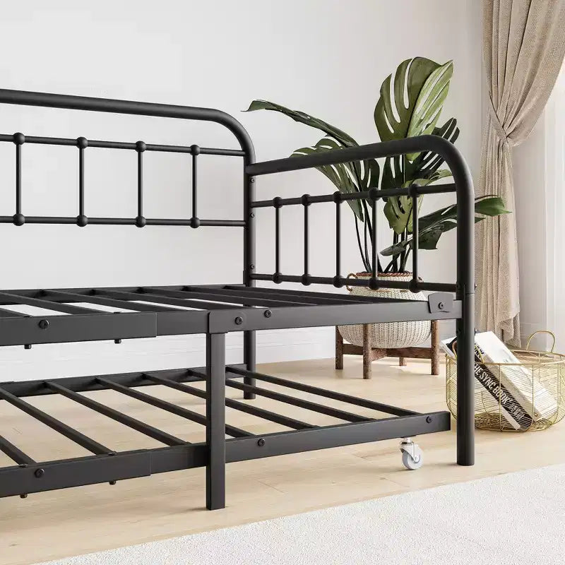 MAYEERTY Twin Size Metal Daybed Frame with Trundle, Heavy Duty Sofa Bed Platform, No Box Spring Needed, Black