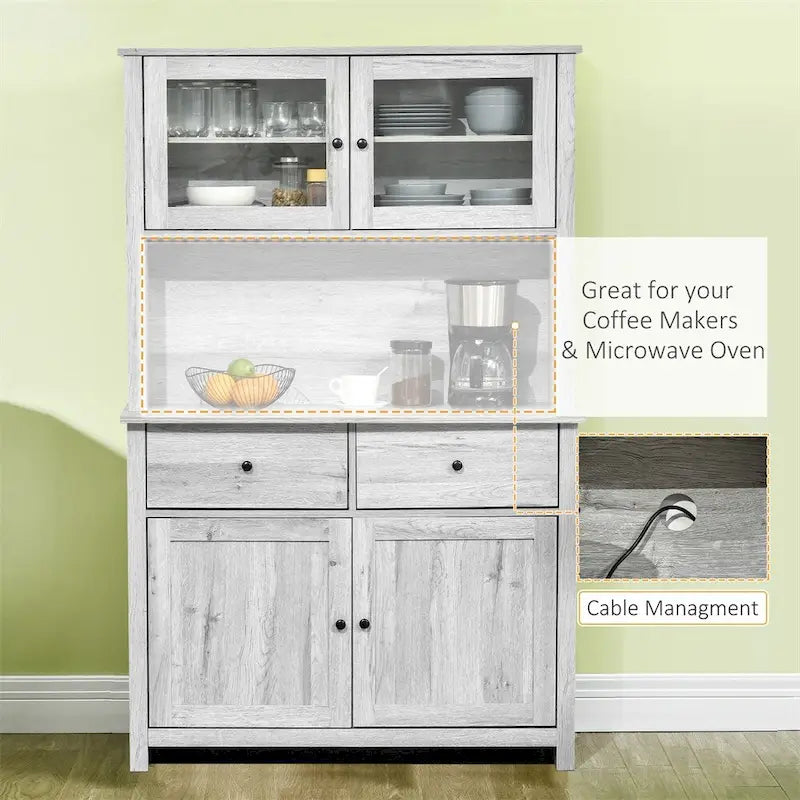 Glass Doors Kitchen Buffet with Hutch and Drawers - N/A