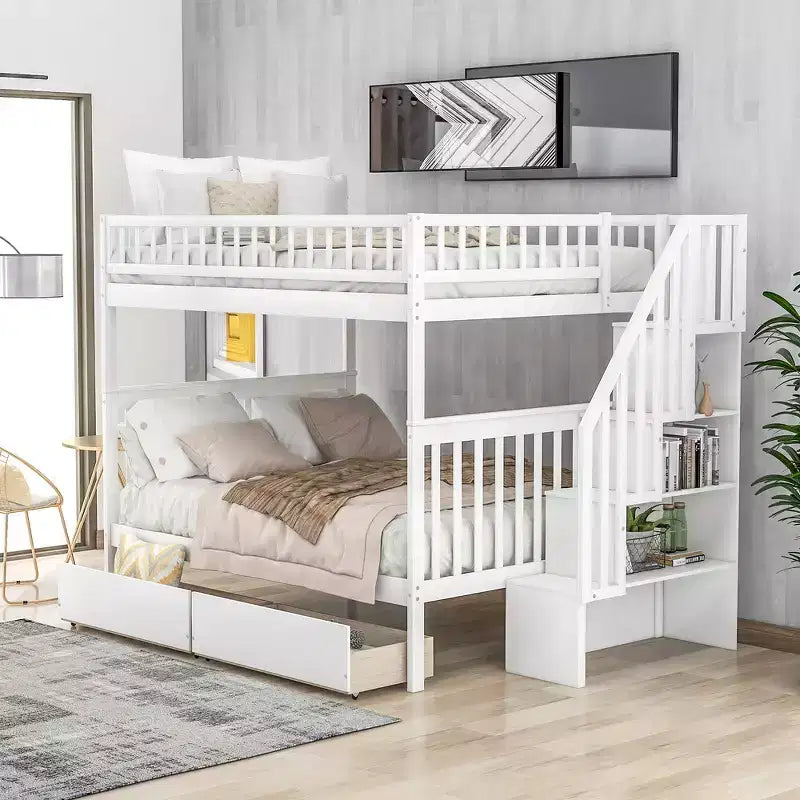 Full over Full Bunk Bed with Drawers and Storage Staircase