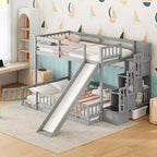 Twin over Full Bunk Bed with Slide, Storage Staircase, Safety Guardrails and Solid Pine Wood Frame, White/Grey