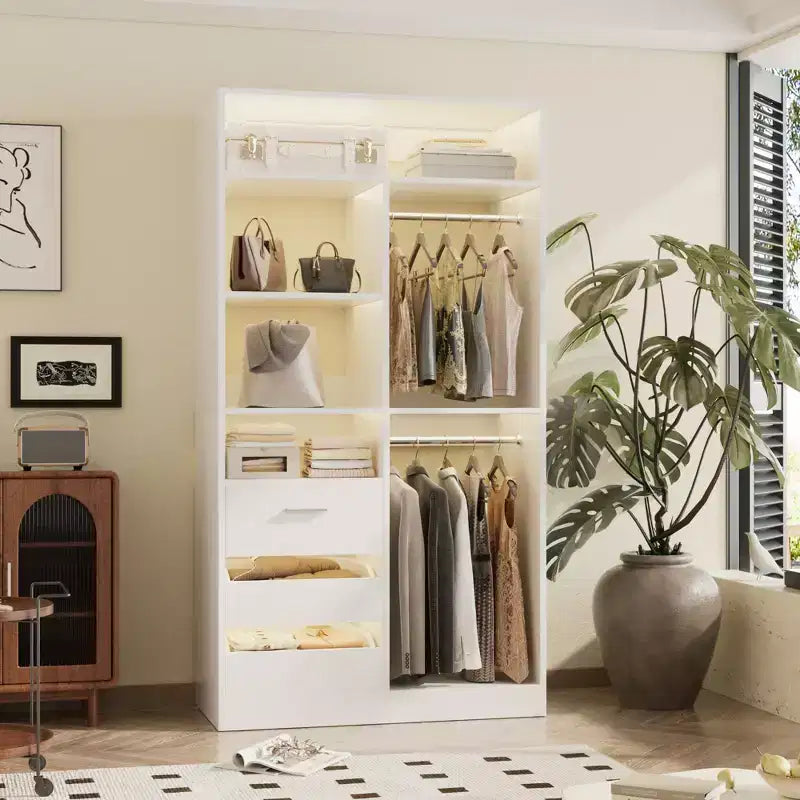 Closet Organizer with Wood Drawers, Freestanding Closet System with Hanging Rods