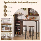 Costway 3 PCS Bar Table and Chairs Set Industrial Pub Table & Stools with Bottle Wine Rack Brown/Oak