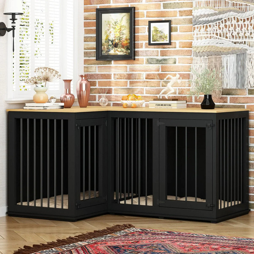 Large Corner Dog Crate Furniture for 2 Dogs, L Shape Dog Crate Cage - 58.7X41.1