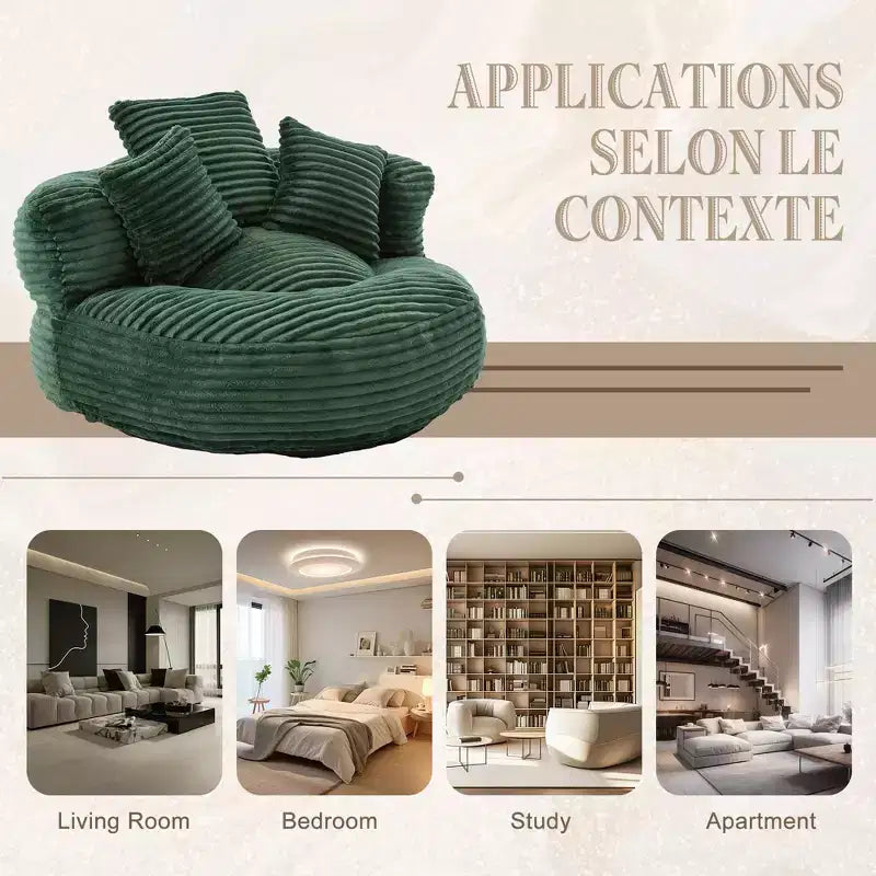 Bean Bag Sofa for Adults Kids, Oversized Corduroy Bean Bag Chair with 3 Pillows & Armrest for Living Room Bedroom - ModernLuxe