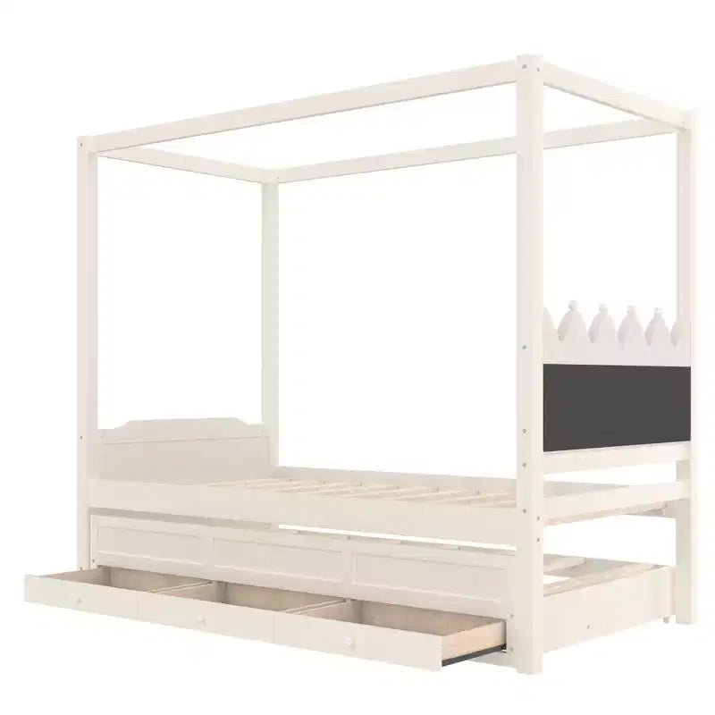 Twin/Full Size Platform Bed with Trundle, Princess Wood Canopy Bed with 3 Drawers, Storage Bed with Upholstered Headboard for Bedroom