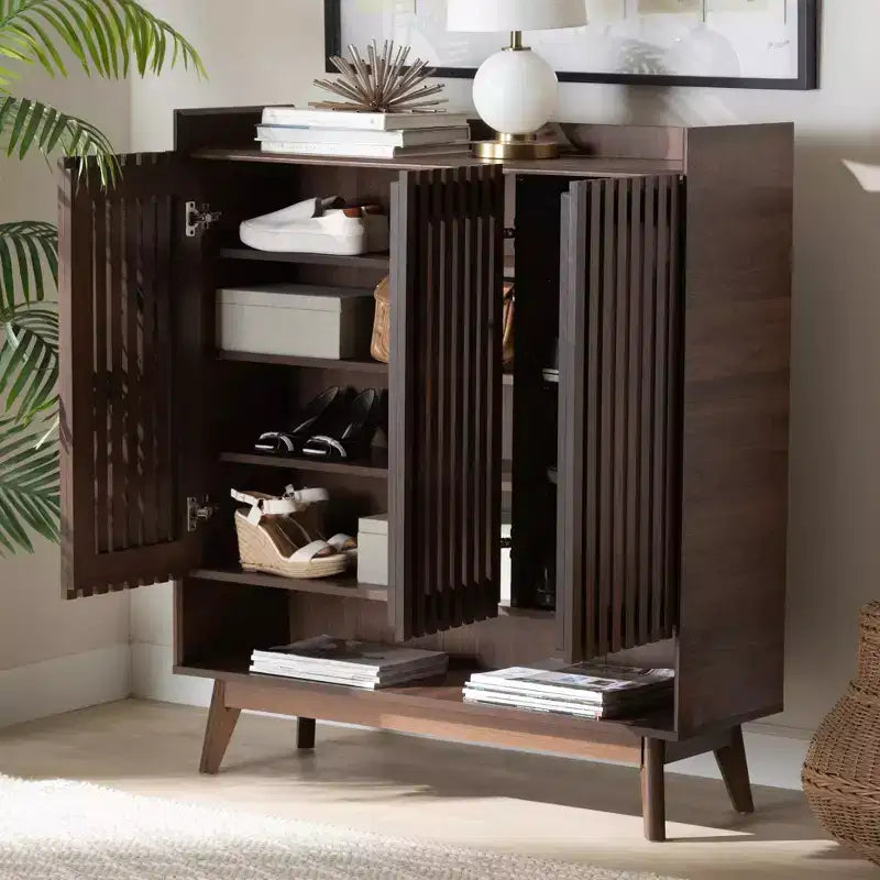 Delaire Mid-Century Modern Walnut Brown Finished Wood Shoe Cabinet