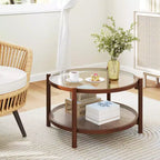 31 Round Coffee Table with Tempered Glass Top & Rattan Shelf