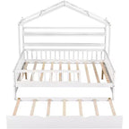 Acekool Full Size House Bed Frame with Twin Trundle, Storage Drawers & Shelves, Roof & Fence, Kids Platform Bed, White