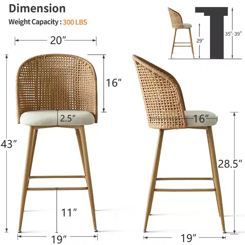 Set of 2 Natural Rattan Bar Stools, 29 Bar Height Boho Upholstered High Chairs with Woven Back - Panipeachy