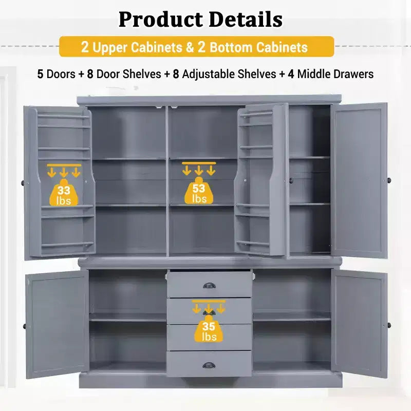 Whisen 73 Freestanding Wooden Kitchen Pantry Cabinet with Drawers and Adjustable Shelves for Storage and Organization in Dining Room or Kitchen