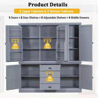 Whisen 73 Freestanding Wooden Kitchen Pantry Cabinet with Drawers and Adjustable Shelves for Storage and Organization in Dining Room or Kitchen