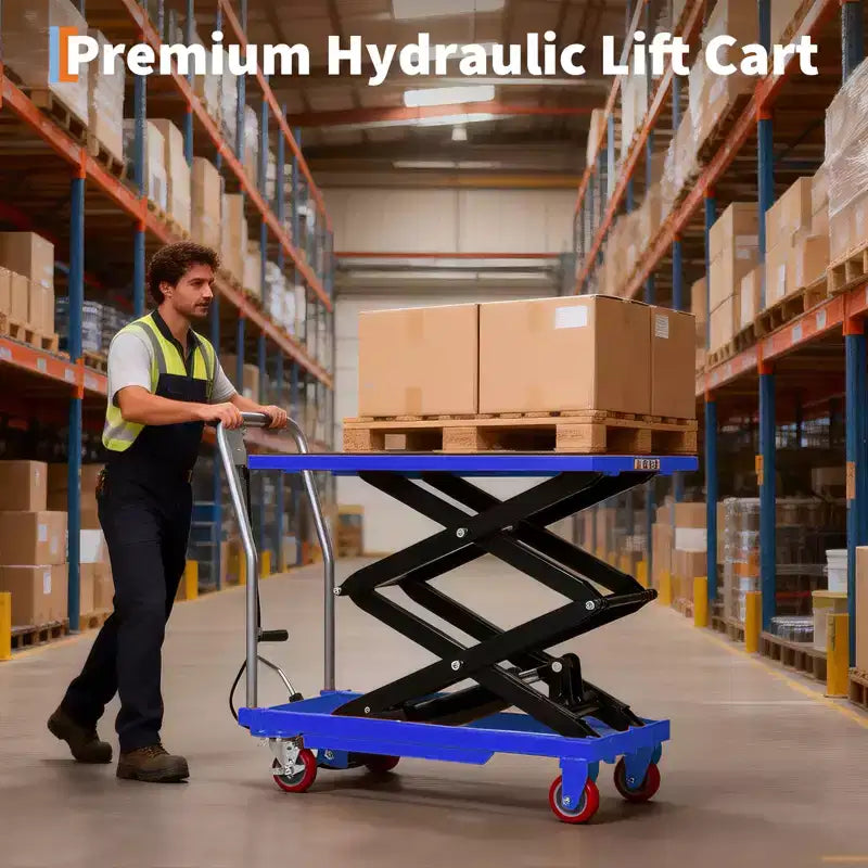 Hydraulic Lift Table Cart,330lbs Capacity 50 Lifting Height , Non-Slip Pad, 4 Wheels & Reflective Strips,for Material Handling & Transportation