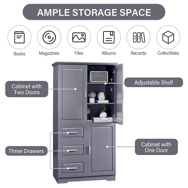 Tall and Wide Storage Cabinet with Doors for Bathroom/Office