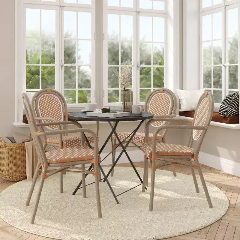 Flash Furniture 4 Pack Lourdes Indoor/Outdoor Commercial Thonet Bistro Stacking Chair with Arms, PE Rattan and Aluminum Frame