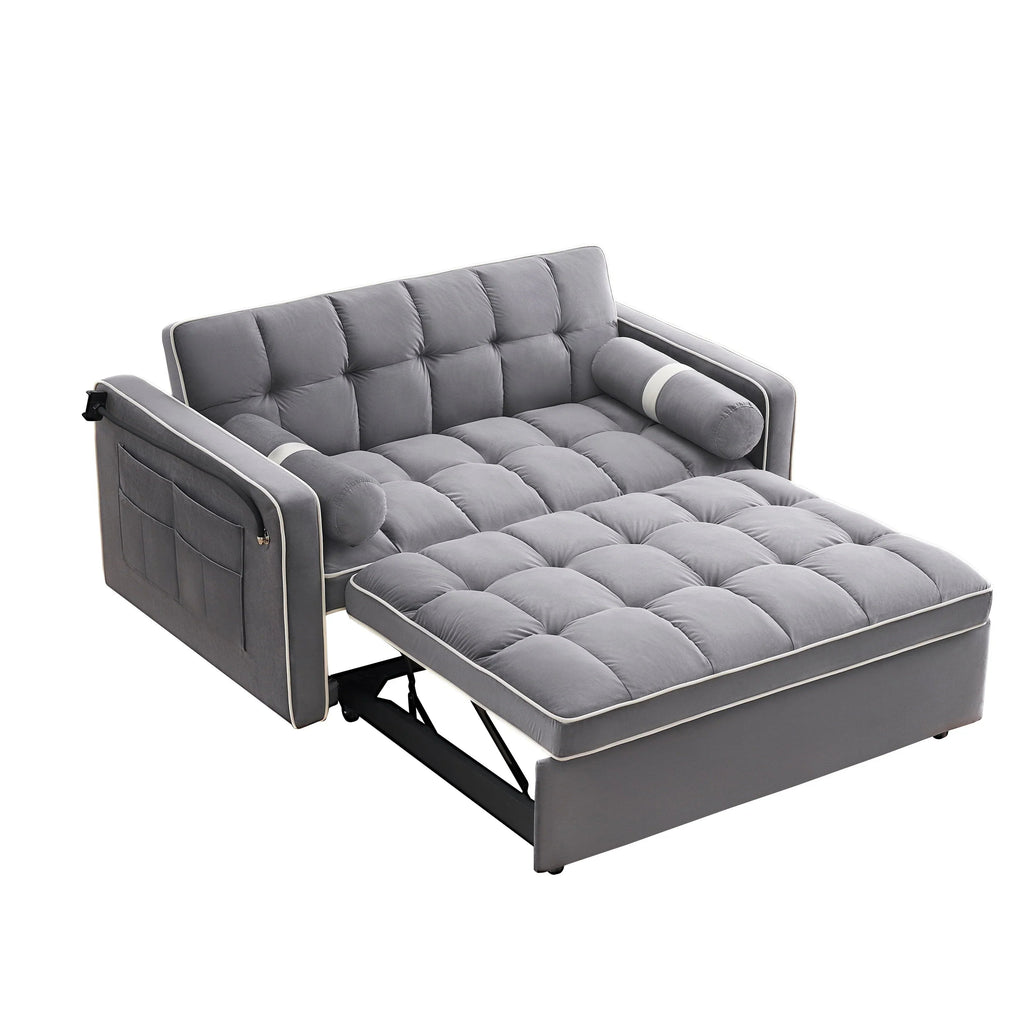 Velvet Convertible 55 2-Seater Sleeper Sofa with Pull-Out Bed, Adjustable Recline, Side Pockets, and Phone Holder