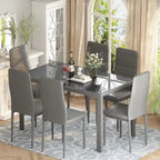 Grondin Modern Style 7-Piece Dining Room Table Set with Tempered Glass Tabletop and 6 PU Leather Upholstered Chairs