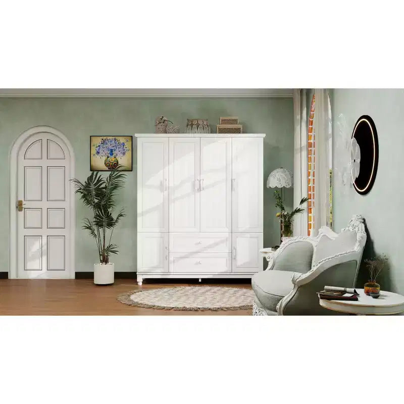 White Wood 61.42 in. Armoire with 2 Drawers, Hanging Rod and Shelves