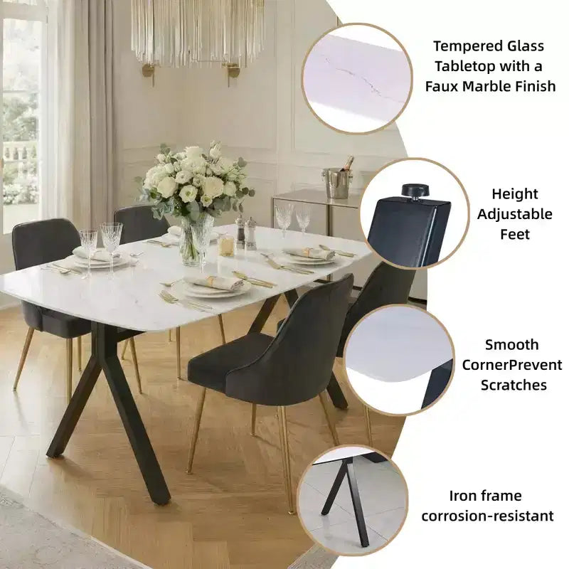 GDFStudio Daniela Modern Tempered Glass Rectangular Dining Table with Marble Design and Metal Legs