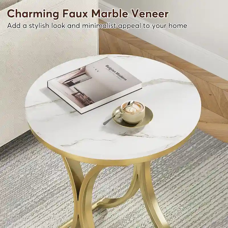 Small Modern Round Side Table End Table Nightstand with Gold Metal Frame and Faux Marble Veneer Engineered Wood for Living Room